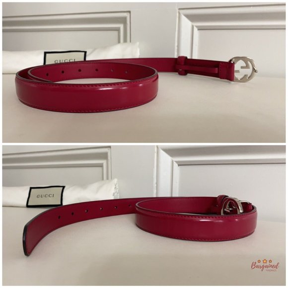 Authentic Gucci Red Calfskin Leather Silver Interlocking G Buckle Belt 80/32 - Picture 11 of 13